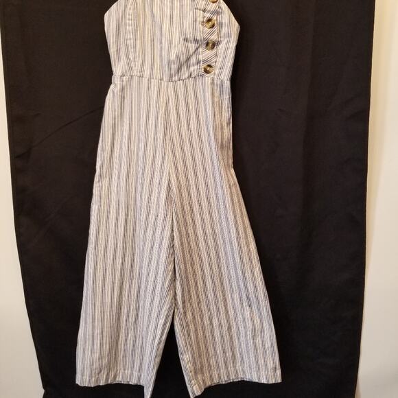 Japna White & Blue Stripe Cotton High Rise Crop Leg Jumpsuit Juniors Size XS - Picture 2 of 11